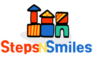 Logo for "Steps N Smiles" featuring colorful building block illustrations arranged to resemble houses and structures. The text "Steps N Smiles" is written in bold with "Steps N" in red and "Smiles" in blue. Below, a tagline reads "Let Learning Be Fun" in blue with two colorful toy stackers on either side.