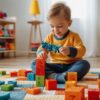 A happy toddler wearing a yellow sweater is sitting on a colorful play mat in a bright room, playing with colorful educational toys like alphabet blocks and puzzles, promoting early learning and development.