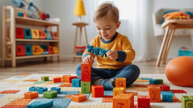 A happy toddler wearing a yellow sweater is sitting on a colorful play mat in a bright room, playing with colorful educational toys like alphabet blocks and puzzles, promoting early learning and development.