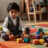 A young Pakistani boy in traditional formal attire sits cross-legged on a colorful rug, engaging with bright, soft Urdu alphabet blocks in a cozy playroom setting. The background includes wooden shelves with books and toys, creating a warm educational environment.