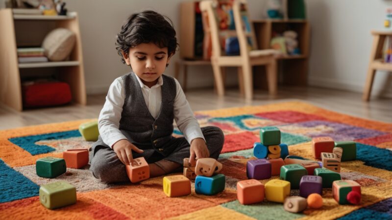 A young Pakistani boy in traditional formal attire sits cross-legged on a colorful rug, engaging with bright, soft Urdu alphabet blocks in a cozy playroom setting. The background includes wooden shelves with books and toys, creating a warm educational environment.
