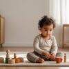 A young toddler sits on a soft cream rug in a Montessori-inspired room, engaging with a set of colorful wooden stacking toys. The background features wooden furniture and minimalistic décor, creating a warm and child-friendly learning environment.