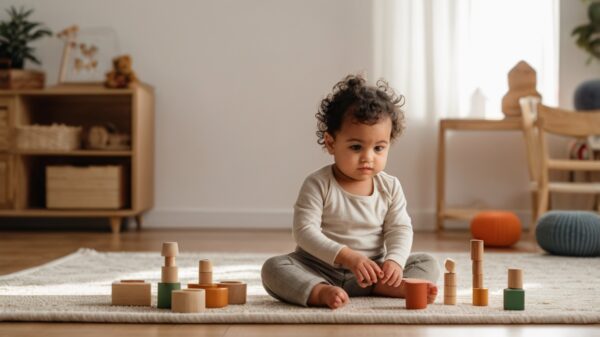 A young toddler sits on a soft cream rug in a Montessori-inspired room, engaging with a set of colorful wooden stacking toys. The background features wooden furniture and minimalistic décor, creating a warm and child-friendly learning environment.