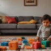 A toddler in a cozy Pakistani living room playing on a colorful rug with large educational alphabet blocks, surrounded by traditional decor and soft cushions.