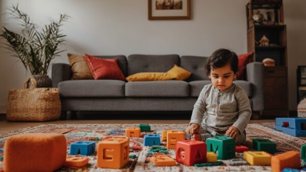A toddler in a cozy Pakistani living room playing on a colorful rug with large educational alphabet blocks, surrounded by traditional decor and soft cushions.