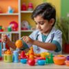 A young child playing pretend play toys in Pakistan with kitchen set, smiling and interacting with colorful plastic utensils.
