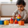 A Pakistani toddler playing with colorful textured sensory toys on a soft mat.