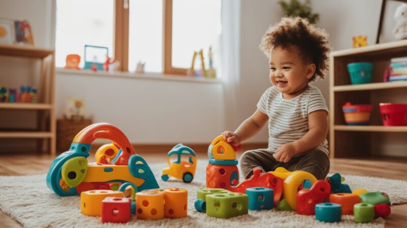 A Pakistani toddler playing with educational and sensory toys on a colorful mat.
