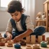 A young Pakistani child is deeply focused while playing with a set of Montessori-style wooden stacking and sorting toys on a natural woven mat in a cozy, sunlit room with shelves of stuffed animals and toys in the background.