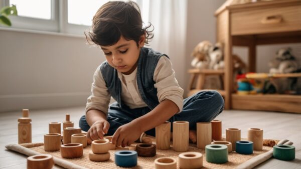 A young Pakistani child is deeply focused while playing with a set of Montessori-style wooden stacking and sorting toys on a natural woven mat in a cozy, sunlit room with shelves of stuffed animals and toys in the background.