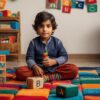 A young Pakistani toddler sits cross-legged on a colorful rug, engaging with vibrant Urdu alphabet blocks and stacking toys. The background features neatly arranged bookshelves and educational decor, creating a cozy and playful learning environment.