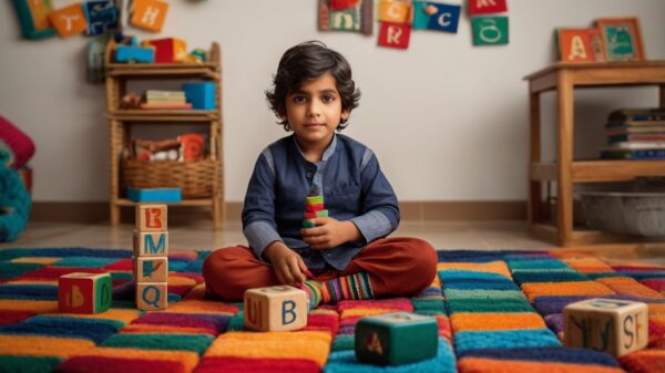 A young Pakistani toddler sits cross-legged on a colorful rug, engaging with vibrant Urdu alphabet blocks and stacking toys. The background features neatly arranged bookshelves and educational decor, creating a cozy and playful learning environment.