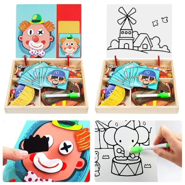 2in1 Crazy Face Clown Magnetic Drawing Board | Magnetic Facial Features Magnetic Jigsaw Puzzle Changing Wooden Children's Toys Learning Toy for Children