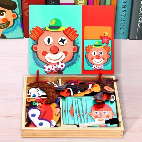 2in1 Crazy Face Clown Magnetic Drawing Board | Magnetic Facial Features Magnetic Jigsaw Puzzle Changing Wooden Children's Toys Learning Toy for Children