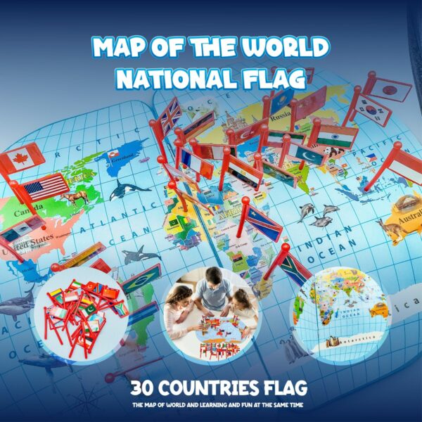 Wooden World Map With 30 (thirty) Countries Flags | World Map Puzzle with Flags and Capitals -Kids Wooden Foldable National Flags Board Learn Geography, World Map, Countries, Capitals, Language for kids, toddlers and Adults