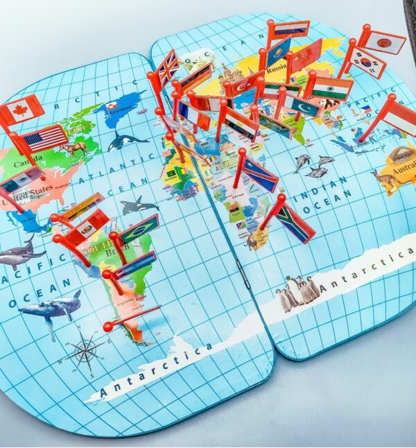 Wooden World Map With 30 (thirty) Countries Flags | World Map Puzzle with Flags and Capitals -Kids Wooden Foldable National Flags Board Learn Geography, World Map, Countries, Capitals, Language for kids, toddlers and Adults