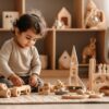 A toddler playing with wooden cars and blocks on a rug in a cozy Montessori-inspired room.