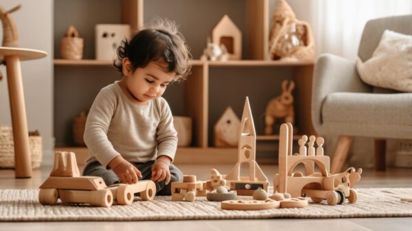 A toddler playing with wooden cars and blocks on a rug in a cozy Montessori-inspired room.