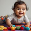 A happy Pakistani baby playing with colorful baby toys on a soft mat.