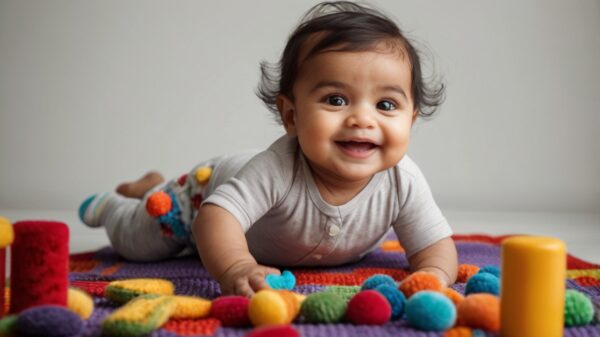 A happy Pakistani baby playing with colorful baby toys on a soft mat.