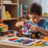 Pakistani child building robotic toy on table with tools and books.
