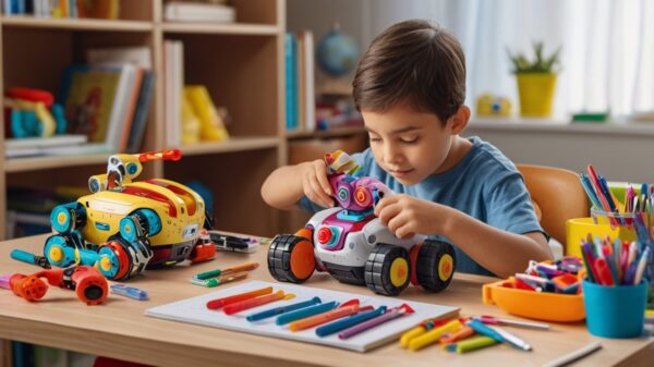 Pakistani child building robotic toy on table with tools and books.