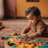 A toddler in a colorful Pakistani home setting playing with fine motor toys like lacing beads, button boards, and wooden puzzles.