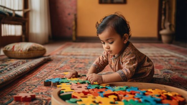 A toddler in a colorful Pakistani home setting playing with fine motor toys like lacing beads, button boards, and wooden puzzles.