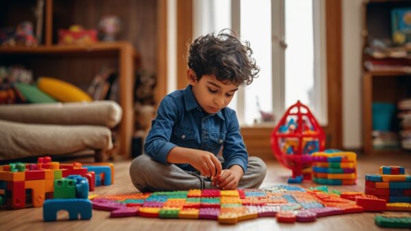 Pakistani child playing with puzzle toys that support brain development