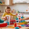 Pakistani children playing with a doctor kit and kitchen set, engaging in pretend play in a bright home environment.