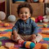 A Pakistani toddler exploring various sensory toys on a colorful mat.