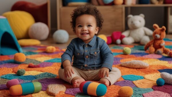 A Pakistani toddler exploring various sensory toys on a colorful mat.