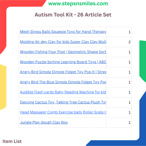 Item Details in PDF:26 Articles Autism Kit Support Therapy Parent Tools