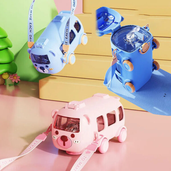 kids Cute Bear Baby Bus Tritan Water Bottle Student School Children Creative Straw Car Water Bottle Cup 500ml (Random Color)