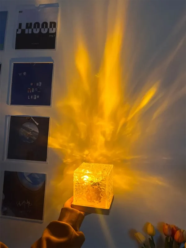 Dynamic Rotating Water Ripple Night Light 3 Colors Flame Crystal Lamp for Living Room Study Bedroom (No remote  Attached USB cable)