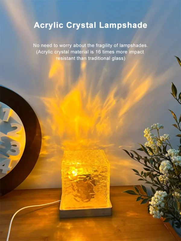 Dynamic Rotating Water Ripple Night Light 3 Colors Flame Crystal Lamp for Living Room Study Bedroom (No remote  Attached USB cable)