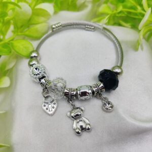 1 Piece Imported Pandora-Inspired Silver Charm Bracelet – Heart & Teddy Accents | Best Quality Bracelet For Girls & Women | Girls & Women Jewellery