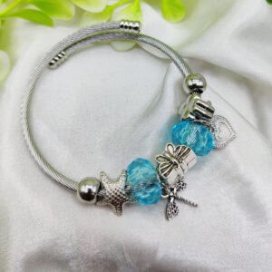 Imported Elegant Pandora-Inspired Silver Charm Bracelet with Ocean Blue Beads & Delicate Charms| Best Quality Bracelet For Girls & Women