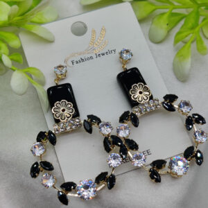 Imported Elegant Floral Hoop Earrings with Black and Crystal Accents | Best Quality Earrings For Girls & Women | Luxury Look Earrings