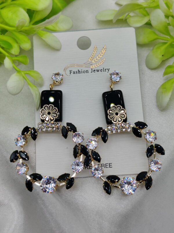 Imported Elegant Floral Hoop Earrings with Black and Crystal Accents | Best Quality Earrings For Girls & Women | Luxury Look Earrings