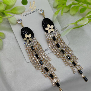 Imported Glamorous Long Tassel Earrings with Black and Crystal | Luxury Look Earrings | Girls Earrings | Women Earrings
