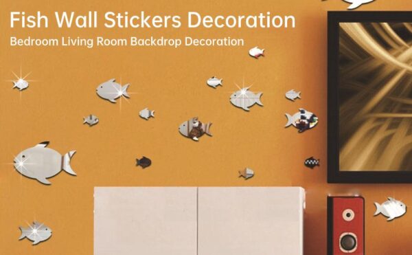30 Pcs  Acrylic Fishes Mirror Wall Art Decor Fishes Mirror Stickers Decals for Kids Girls Bedroom Bathroom Playroom silver